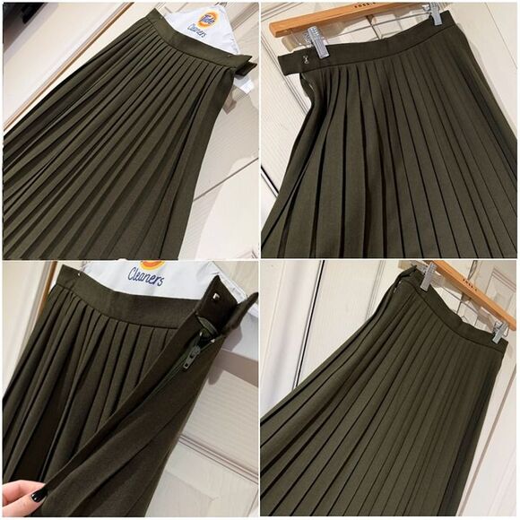 MINT VTG Lloyd Williams 100% Pure Wool Olive Green High Waist Pleated Midi Skirt - Picture 11 of 12